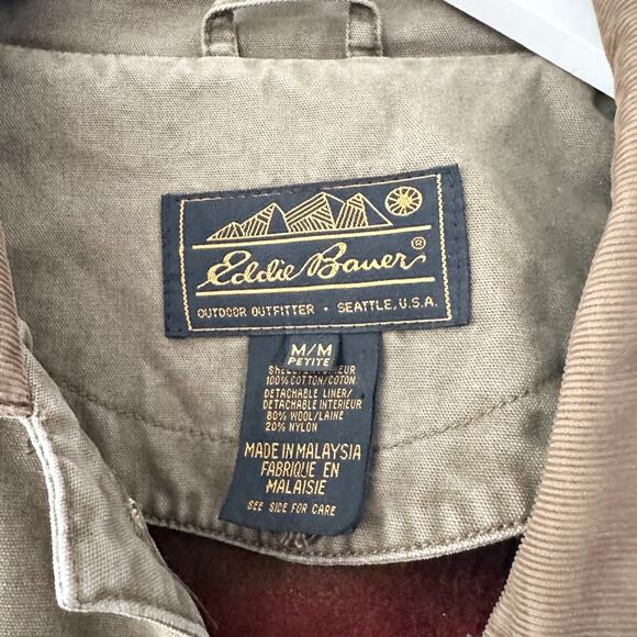 Eddie Bauer Khaki Vintage 80s Chore Jacket Tan Corduroy Collar Cuffs MP Lined - Picture 7 of 10